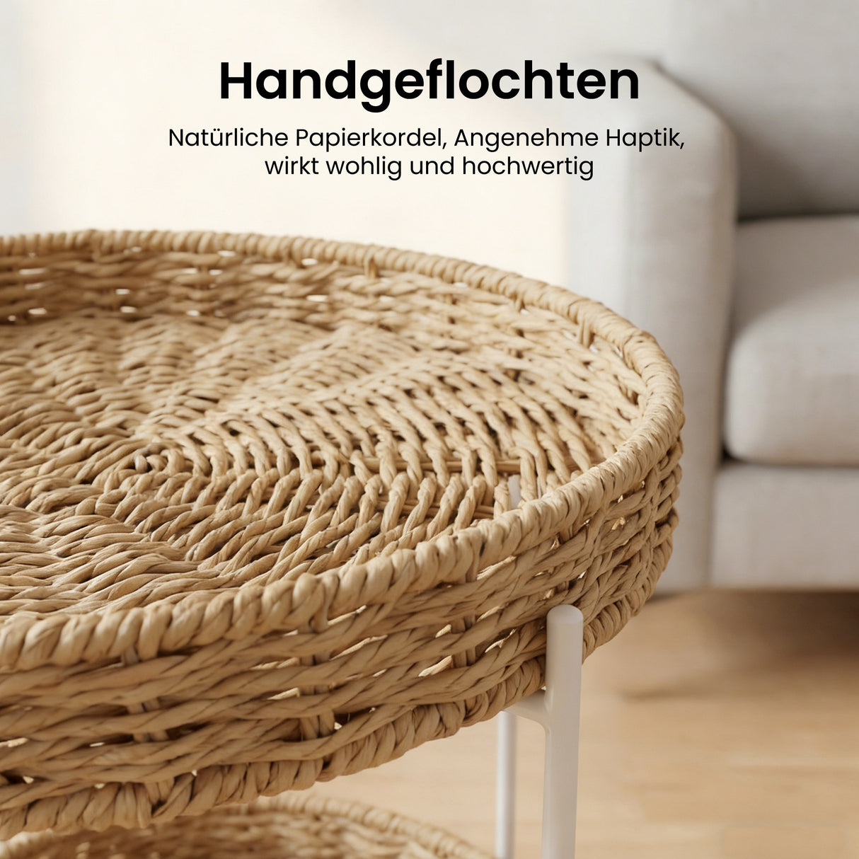 glasvilla Beistelltisch rund , Couchtisch klein mit abnehmbarem Tablett aus Papierkordel, Sofatisch für Wohnzimmer, Schlafzimmer und Balkon, Reglo-08