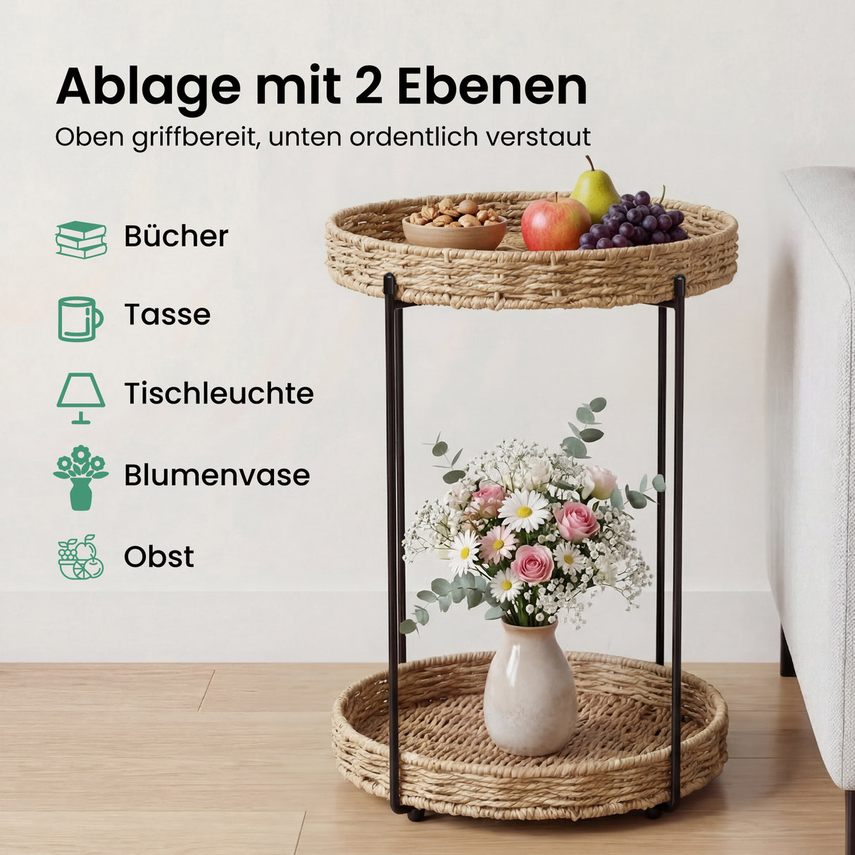 glasvilla Beistelltisch rund , Couchtisch klein mit abnehmbarem Tablett aus Papierkordel, Sofatisch für Wohnzimmer, Schlafzimmer und Balkon, Reglo-08