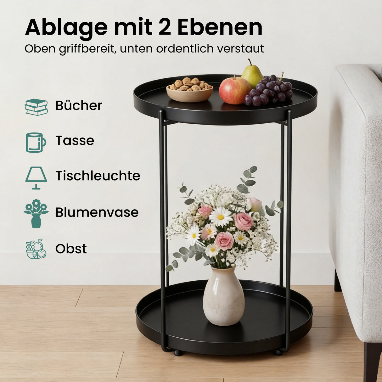 glasvilla Beistelltisch , Couchtisch klein mit abnehmbarem Tablett aus PP-Kunststoff, Sofatisch für Wohnzimmer, Schlafzimmer und Balkon, Reglo-08