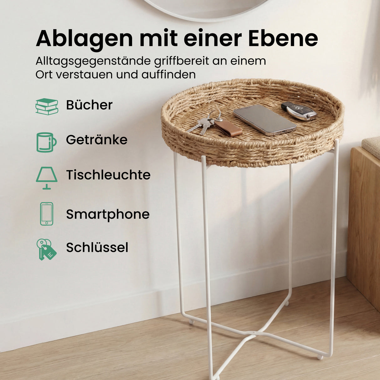 glasvilla Beistelltisch rund , Couchtisch klein mit abnehmbarem Tablett aus Papierkordel, Sofatisch für Wohnzimmer, Schlafzimmer und Balkon, Reglo-08