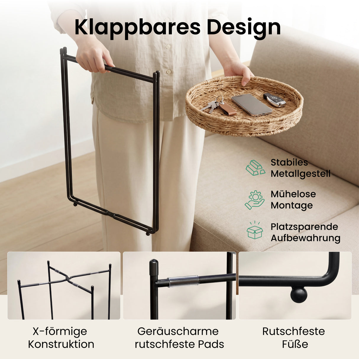 glasvilla Beistelltisch rund , Couchtisch klein mit abnehmbarem Tablett aus Papierkordel, Sofatisch für Wohnzimmer, Schlafzimmer und Balkon, Reglo-08