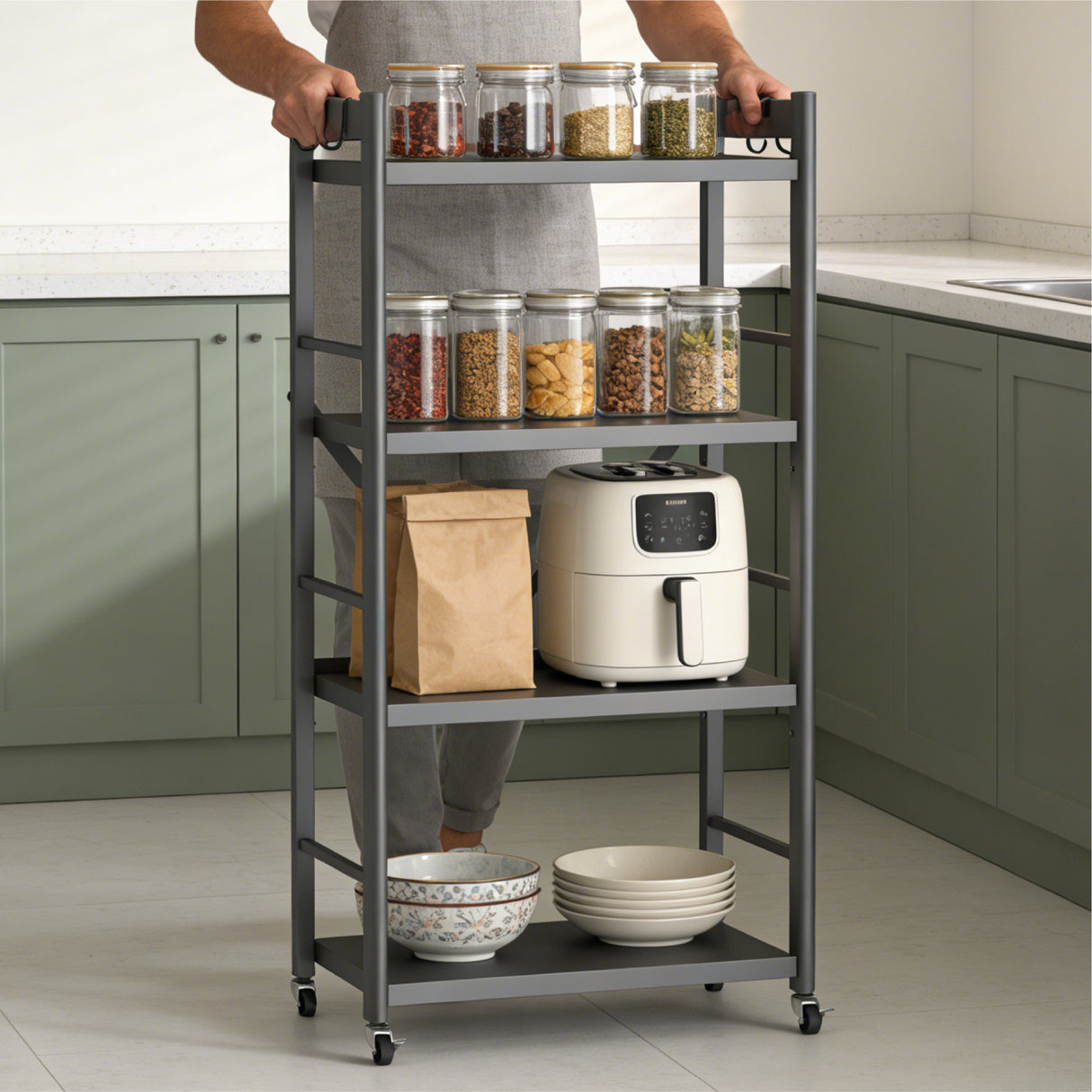 Glasvilla küchenregal stehend mit 4 Ebenen, Standregal küchen mit 4 Lenkrollen und Seitlichen Haken, Küchen Organizer für Mikrowelle, Töpfe & Gewürze, Reglo-13