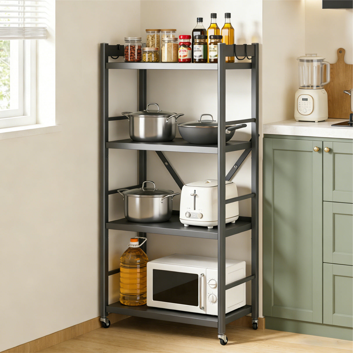 Glasvilla küchenregal stehend mit 4 Ebenen, Standregal küchen mit 4 Lenkrollen und Seitlichen Haken, Küchen Organizer für Mikrowelle, Töpfe & Gewürze, Reglo-13