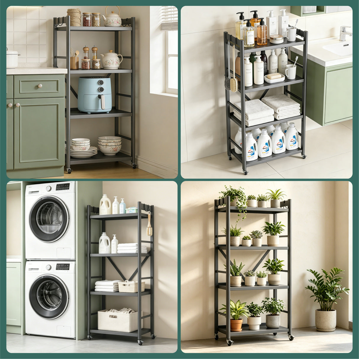 Glasvilla küchenregal stehend mit 4 Ebenen, Standregal küchen mit 4 Lenkrollen und Seitlichen Haken, Küchen Organizer für Mikrowelle, Töpfe & Gewürze, Reglo-13