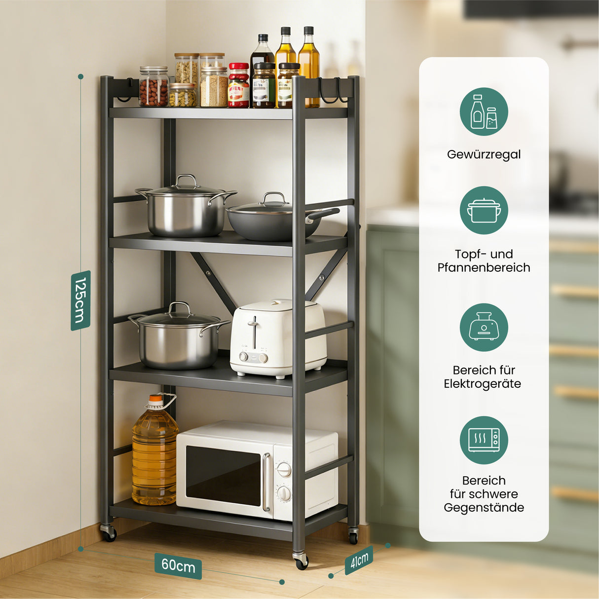 Glasvilla küchenregal stehend mit 4 Ebenen, Standregal küchen mit 4 Lenkrollen und Seitlichen Haken, Küchen Organizer für Mikrowelle, Töpfe & Gewürze, Reglo-13