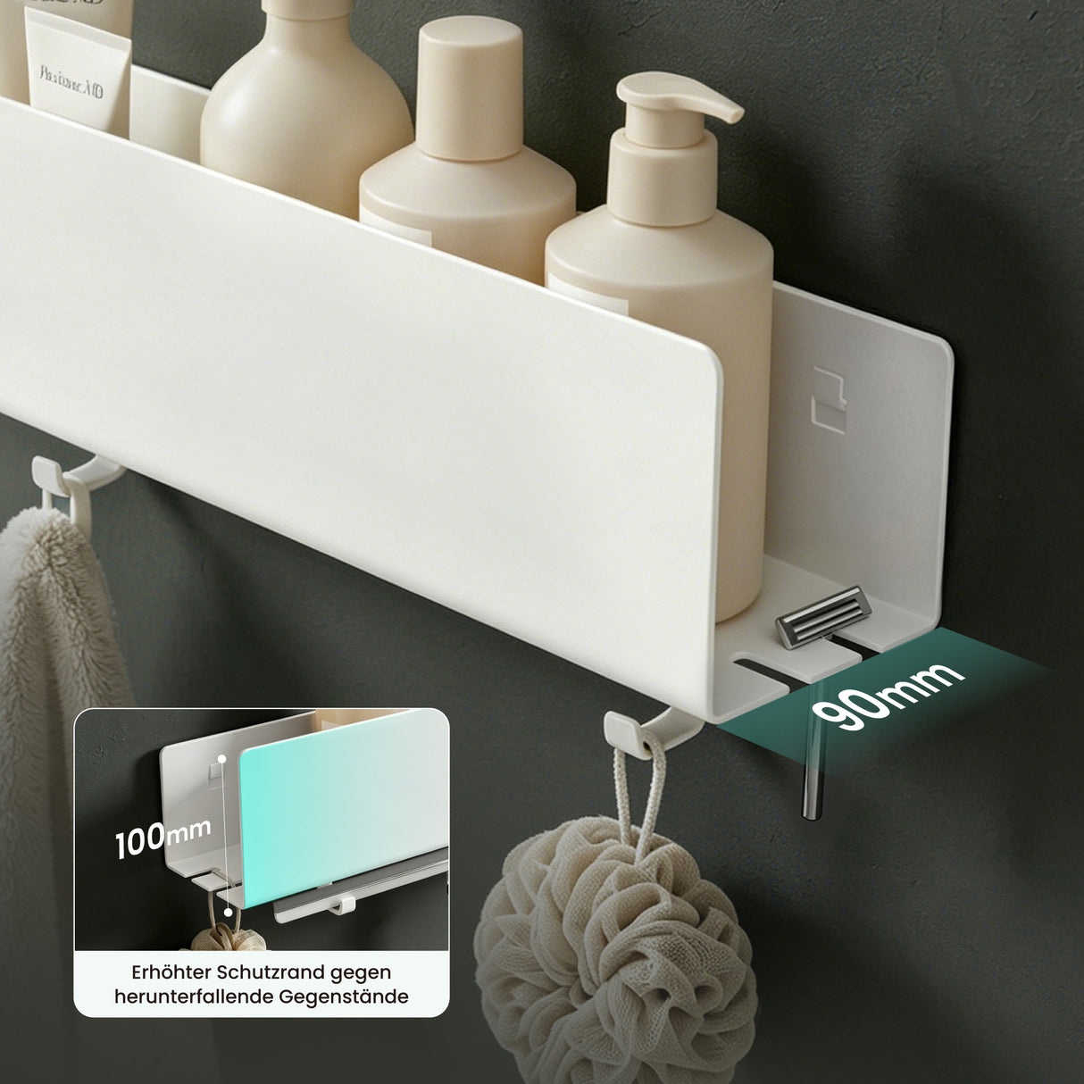 glasvilla Duschablage ohne Bohren mit 2 Schiebehaken, Reglo-18 40cm | Duschregal ohne Bohren oder mit Bohren, Ablaufdesign Badezimmer Organizer, Metall, Shampoo Halterung für Dusche, Bad & Küche