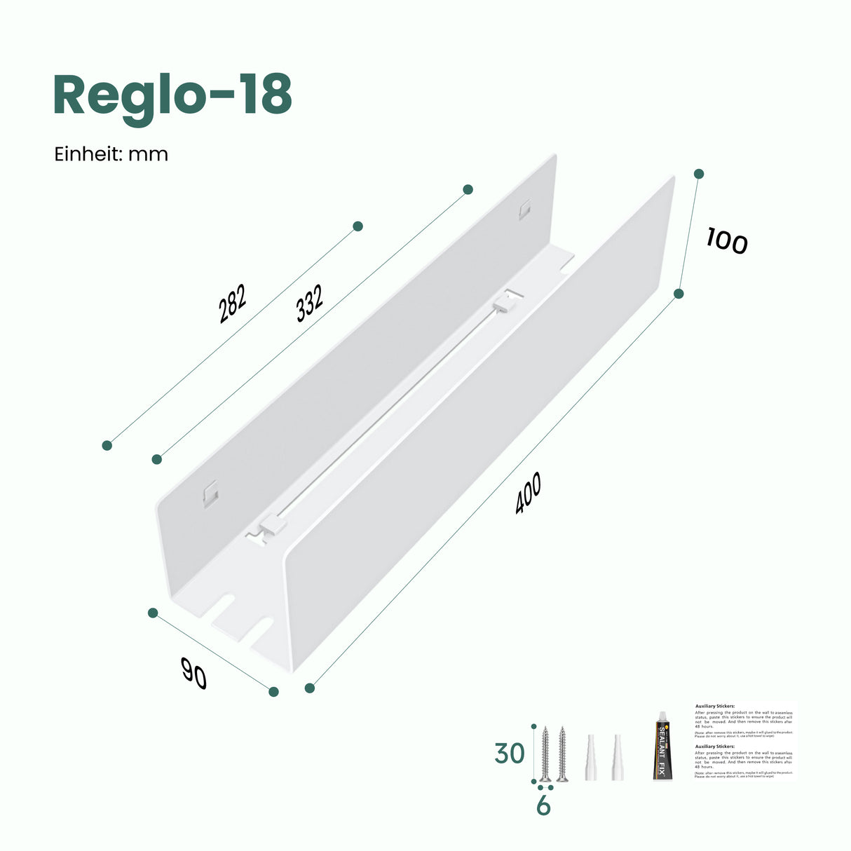 glasvilla Duschablage ohne Bohren mit 2 Schiebehaken, Reglo-18 40cm | Duschregal ohne Bohren oder mit Bohren, Ablaufdesign Badezimmer Organizer, Metall, Shampoo Halterung für Dusche, Bad & Küche