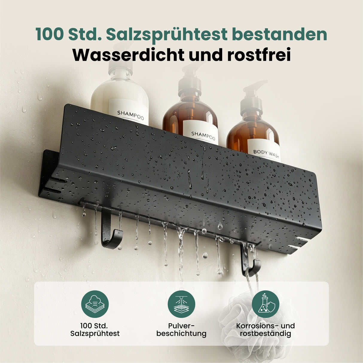 glasvilla Duschablage ohne Bohren mit 2 Schiebehaken, Reglo-18 40cm | Duschregal ohne Bohren oder mit Bohren, Ablaufdesign Badezimmer Organizer, Metall, Shampoo Halterung für Dusche, Bad & Küche