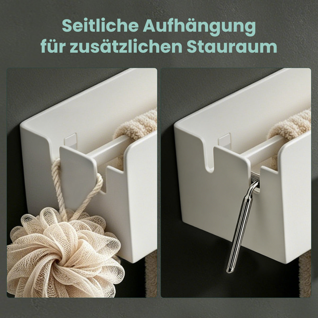 glasvilla Duschablage ohne Bohren mit Handtuchhalter, 60cm Reglo-18 | Duschregal ohne Bohren oder mit Bohren, Drainage, Duschablage zum Hängen, Metall, Shampoo Halterung für Dusche, Bad, Küche
