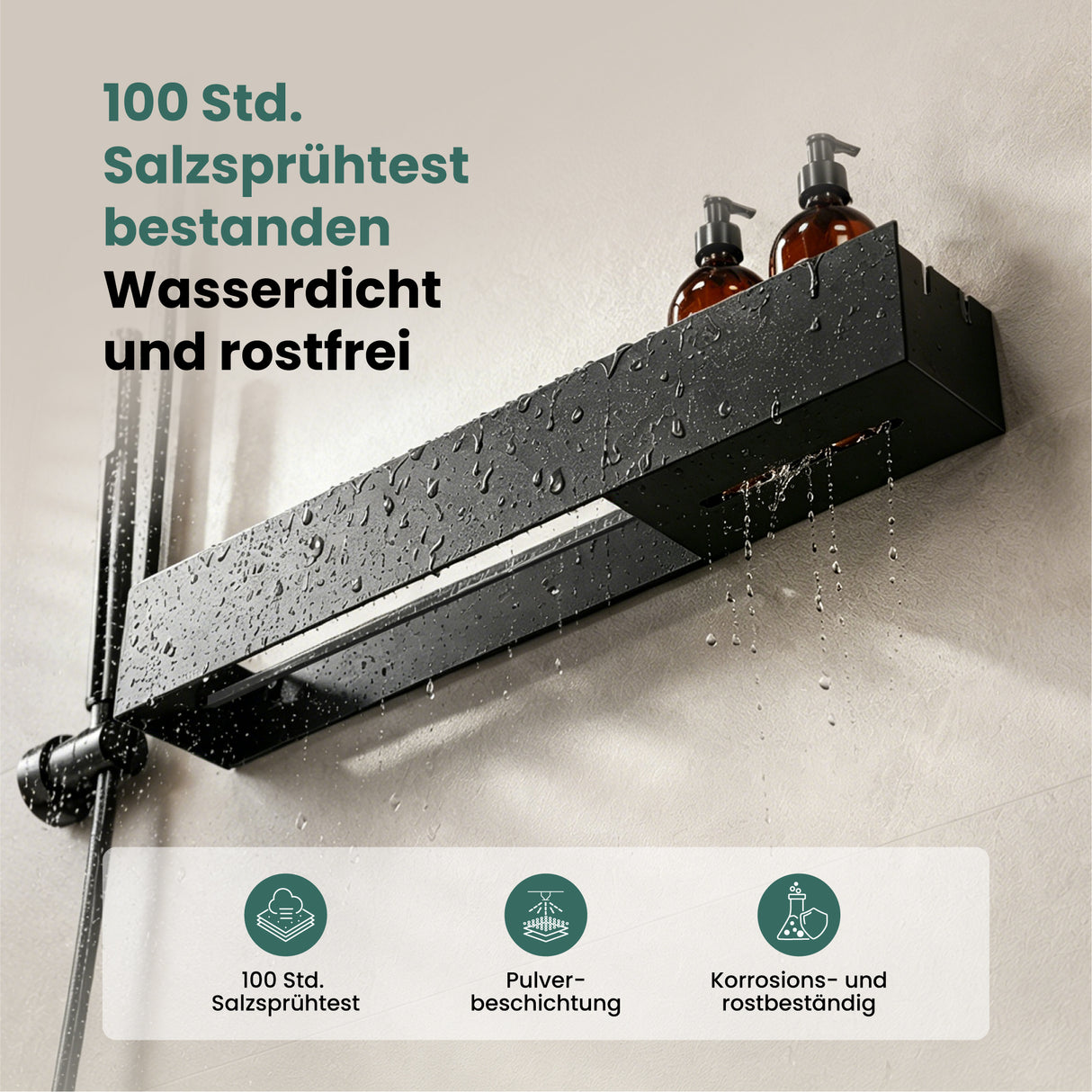 glasvilla Duschablage ohne Bohren mit Handtuchhalter, 60cm Reglo-18 | Duschregal ohne Bohren oder mit Bohren, Drainage, Duschablage zum Hängen, Metall, Shampoo Halterung für Dusche, Bad, Küche