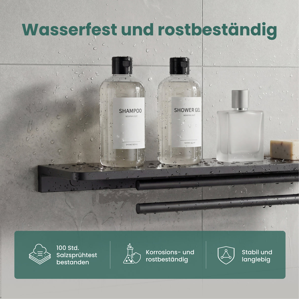 glasvilla Duschablage zum Bohren, Duschregal mit 2 Handtuchstangen aus Aluminiumlegierung, Badezimmerablage zur Wandmontage, Badezimmer Organizer Reglo-19