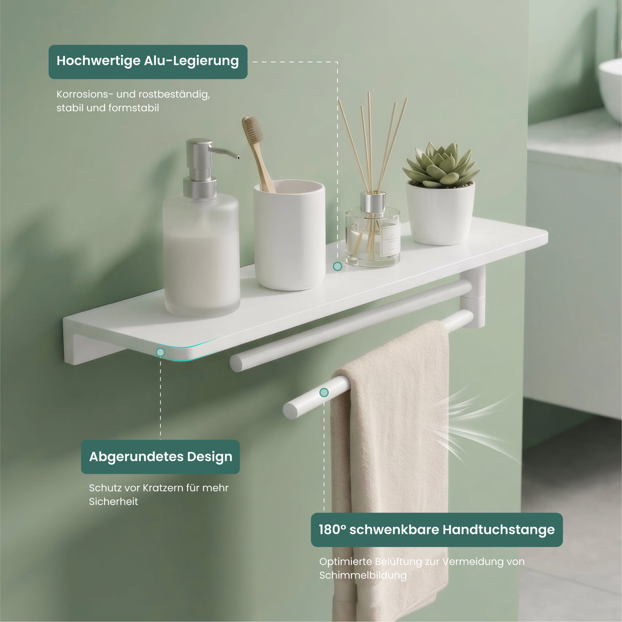 glasvilla Duschablage zum Bohren, Duschregal mit 2 Handtuchstangen aus Aluminiumlegierung, Badezimmerablage zur Wandmontage, Badezimmer Organizer Reglo-19