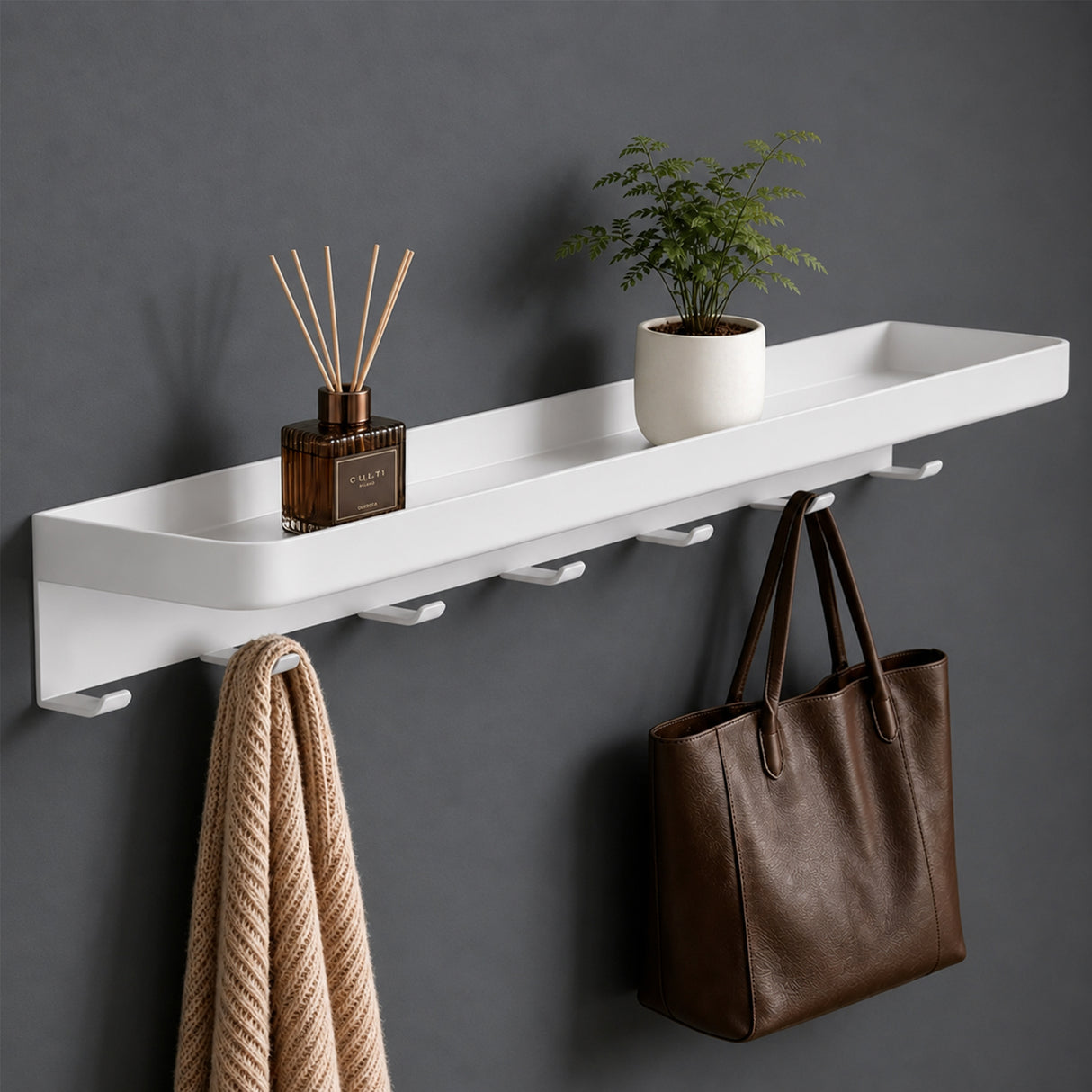 glasvilla Wandgarderobe mit Ablage, Garderobenleiste 50cm, Reglo-20 | Inkl.7 Garderobenhaken; als Wandhaken oder Kleiderhaken, Klebe- oder Bohrmontage, für Bad, Küche, Flur