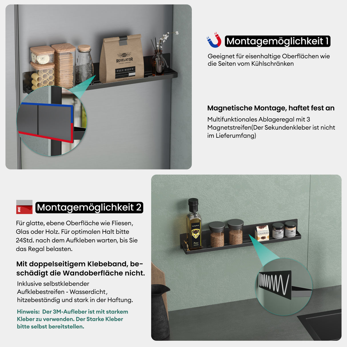 glasvilla Mensola da Parete Multifunzionale Senza Foratura, Mensola Magnetica per Doccia in Acciaio al Carbonio con Strato Antiruggine per Bagno e Cucina, 60cm, Reglo-01