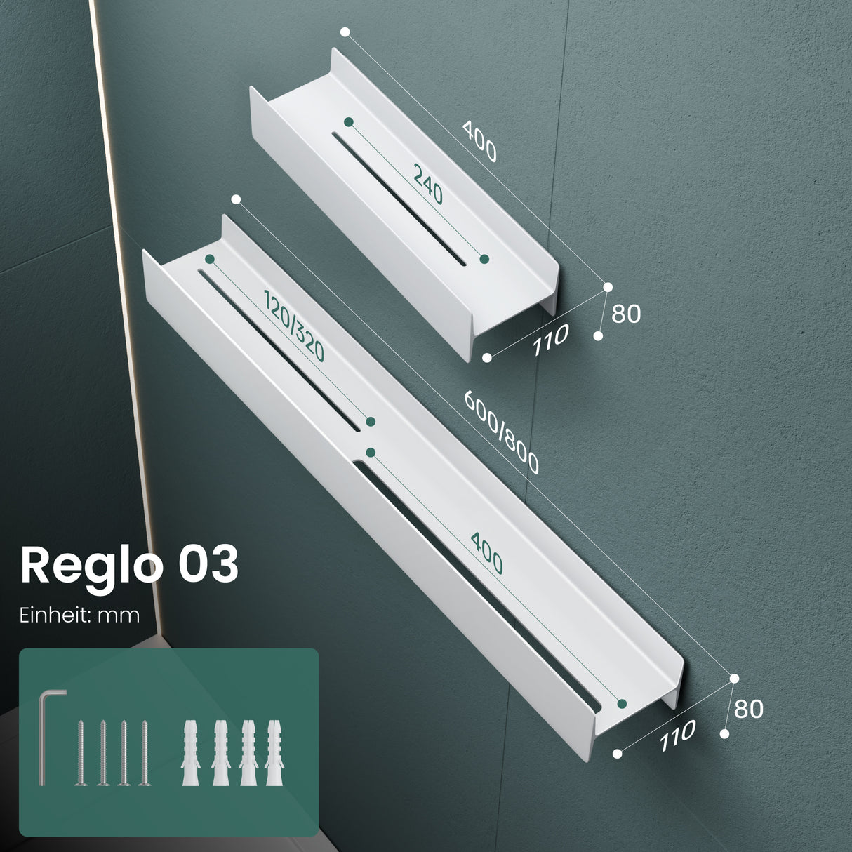 Estante de Ducha Glasvilla Reglo-03 Repisa de Pared 40 cm para Baño (Atornillable o Adhesiva)