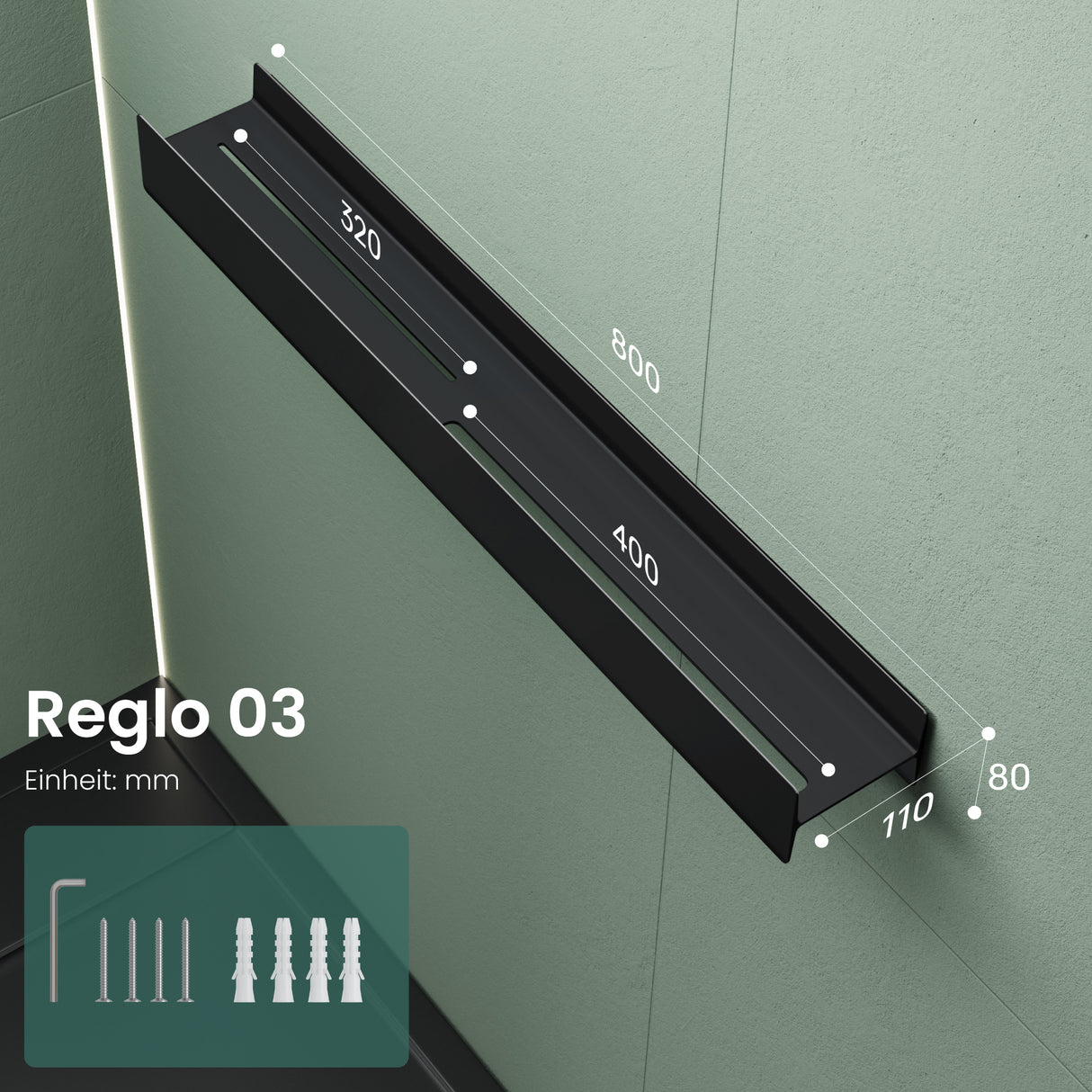 Estante de Ducha Glasvilla Reglo-03 Repisa de Pared 40 cm para Baño (Atornillable o Adhesiva)