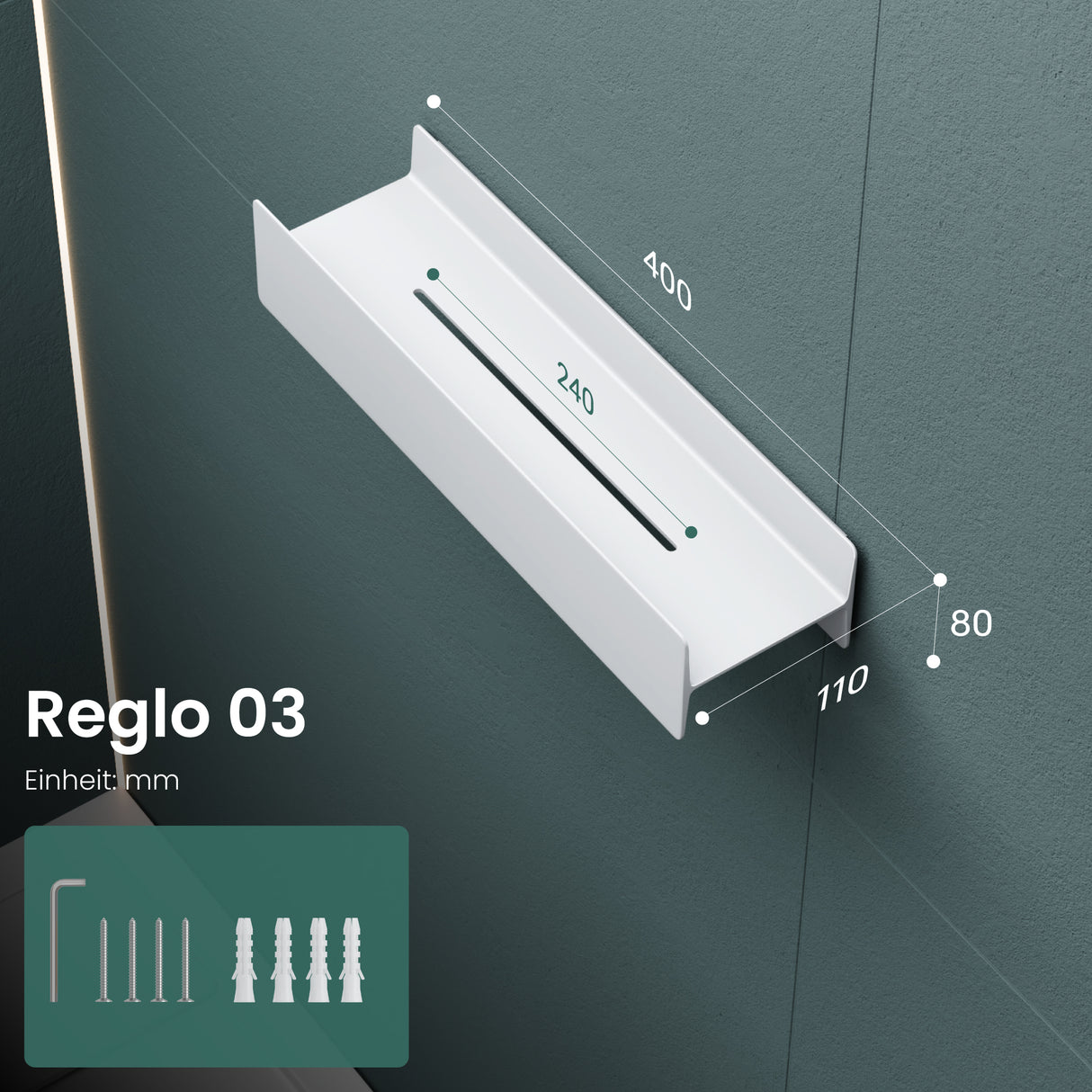 Estante de Ducha Glasvilla Reglo-03 Repisa de Pared 40 cm para Baño (Atornillable o Adhesiva)