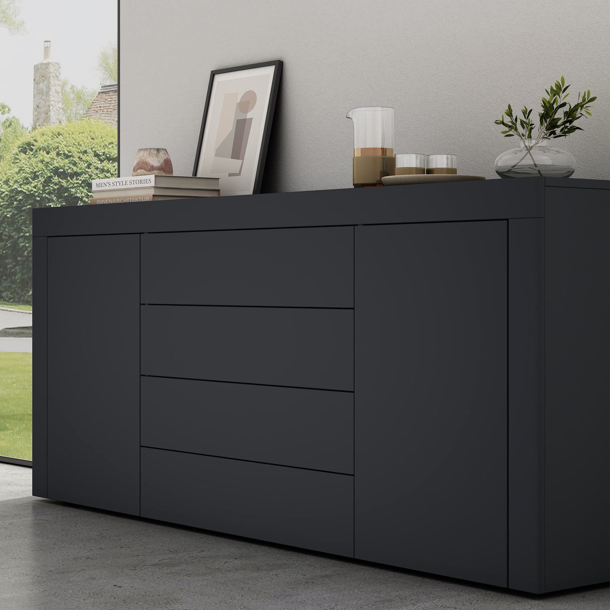 glasvilla Aparador Almacenamiento BTH: 167x36x70 cm con 2 Armarios y 4 Cajones Comoda Mueble Armario03