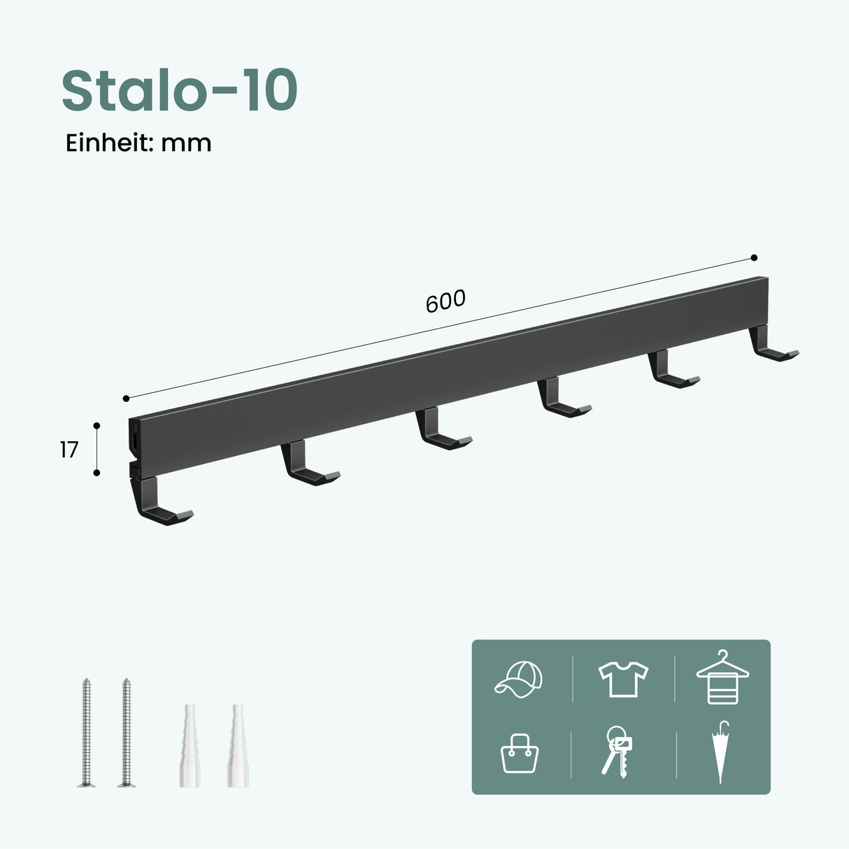 glasvilla Garderobenleiste mit verstellbaren Haken, Kleiderhaken aus Aluminium, Wandgarderobe Garderobenhaken Stalo-10