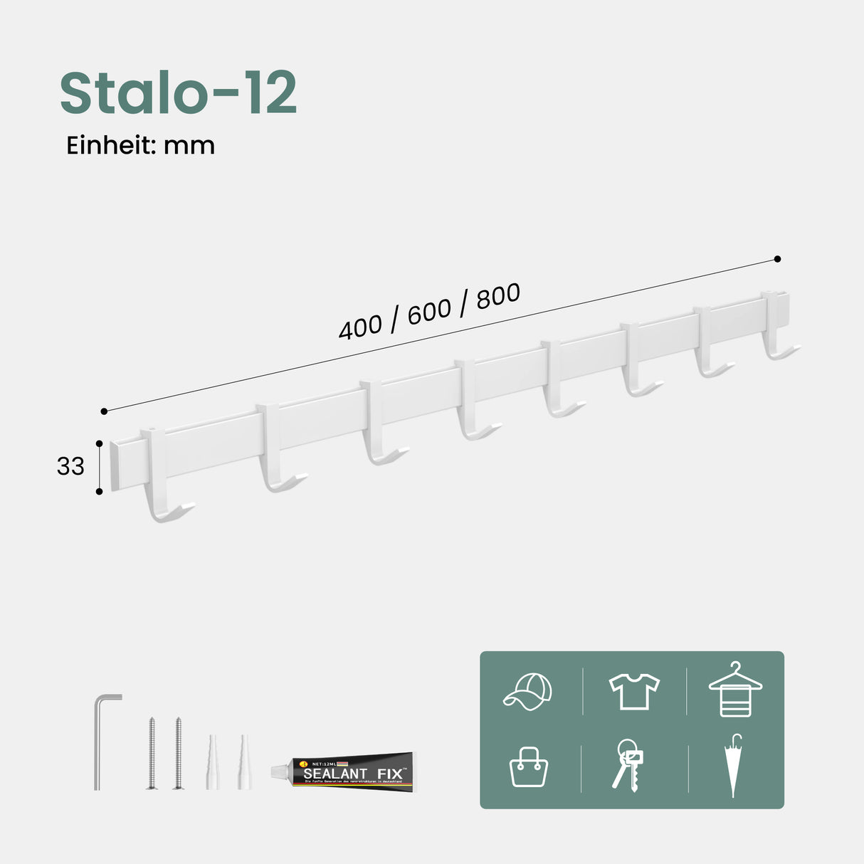 glasvilla Kleiderhaken zum Bohren oder Kleben, Garderobenleiste aus Aluminium, Garderobenhaken Wandhaken Stalo-12