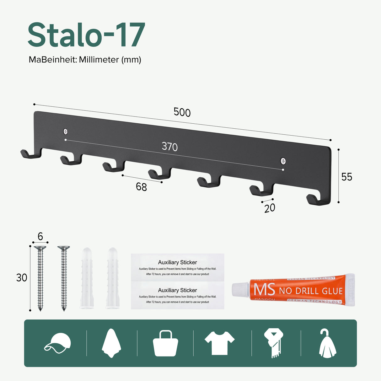 glasvilla Appendiabiti da Parete con 7 Ganci, Attaccapanni da Muro in Metallo, Strato Antiruggine, Ganci Appendiabiti per Camera da Letto, Ingresso, Cucina, Bagno, Stalo-17