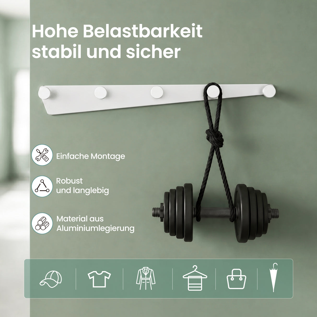 glasvilla Garderobenhaken zum Bohren oder Kleben, Kleiderhaken aus Aluminiumlegierung, Garderobenleiste mit 5 Haken, Hakenleiste Stalo-18