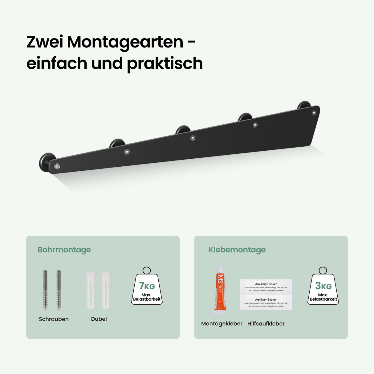 glasvilla Garderobenhaken zum Bohren oder Kleben, Kleiderhaken aus Aluminiumlegierung, Garderobenleiste mit 5 Haken, Hakenleiste Stalo-18