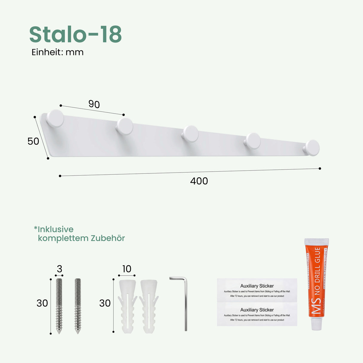 glasvilla Garderobenhaken zum Bohren oder Kleben, Kleiderhaken aus Aluminiumlegierung, Garderobenleiste mit 5 Haken, Hakenleiste Stalo-18