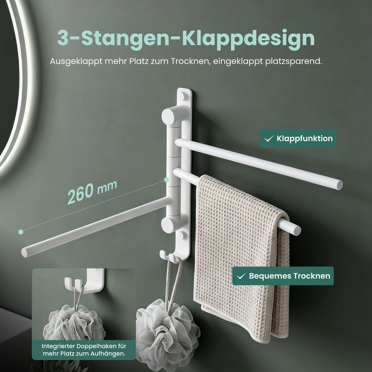 glasvilla Handtuchhalter 180° Schwenkbar 3-armig aus Edelstahl Handtuchhalterung Badetuchhalter ohne Bohren oder mit Bohren, 3-Stangen Handtuchstange für Bad und Küche, Tavrin-06