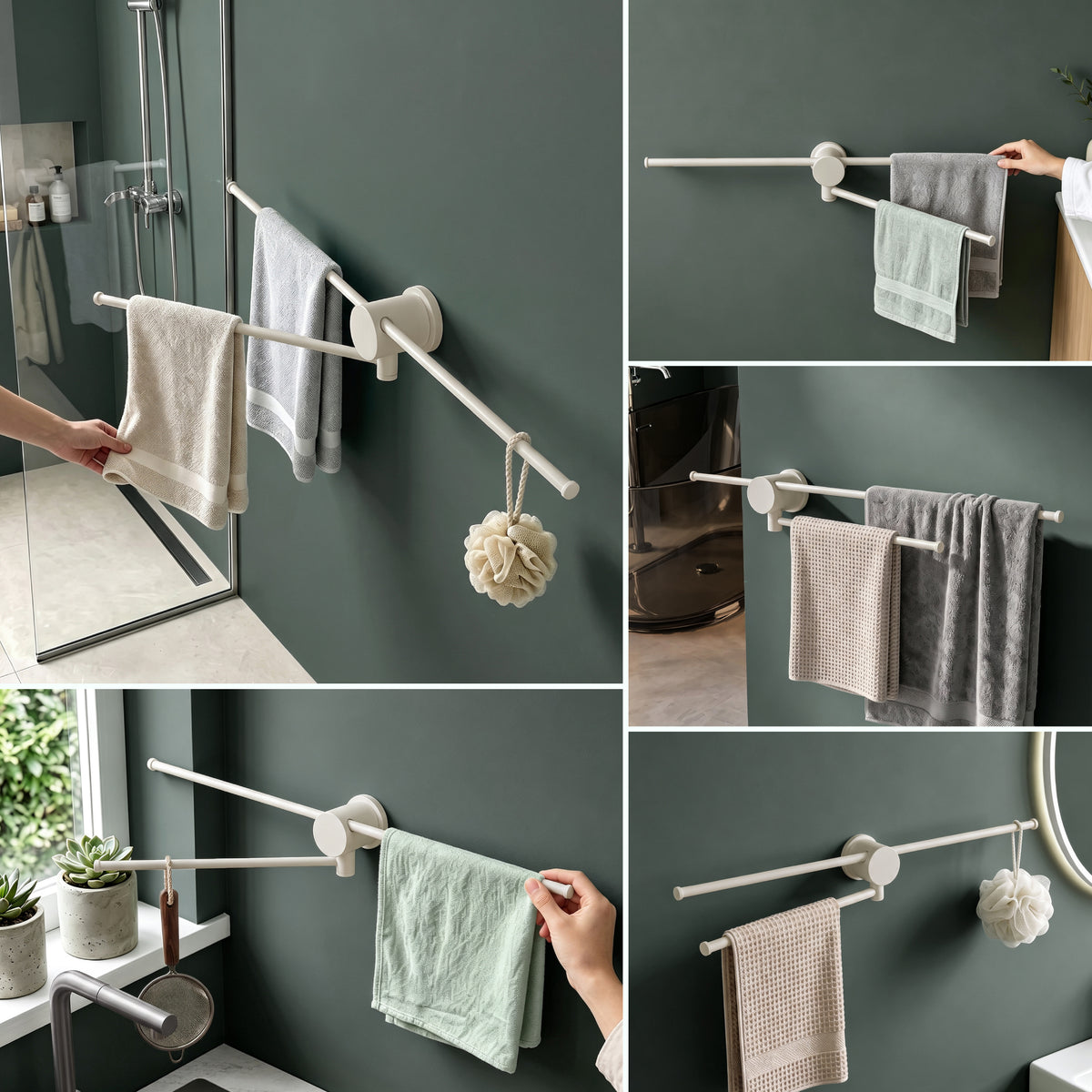 glasvilla Handtuchhalter ohne Bohren, 360° schwenkbar, Wand-Handtuchhalter aus Aluminium, 60,7 cm, selbstklebend oder zum Bohren, verstellbar, für Hand- & Badetücher, Tavrin-08