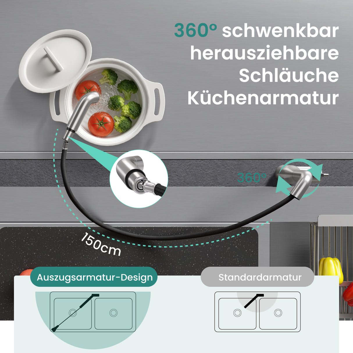 glasvilla Wasserhahn Küche Küchenarmatur mit Brause Ausziehbar, Küchenwasserhahn 360°Schwenkbar, Mischbatterie Spültischarmatur aus Edelstahl Turnix-04