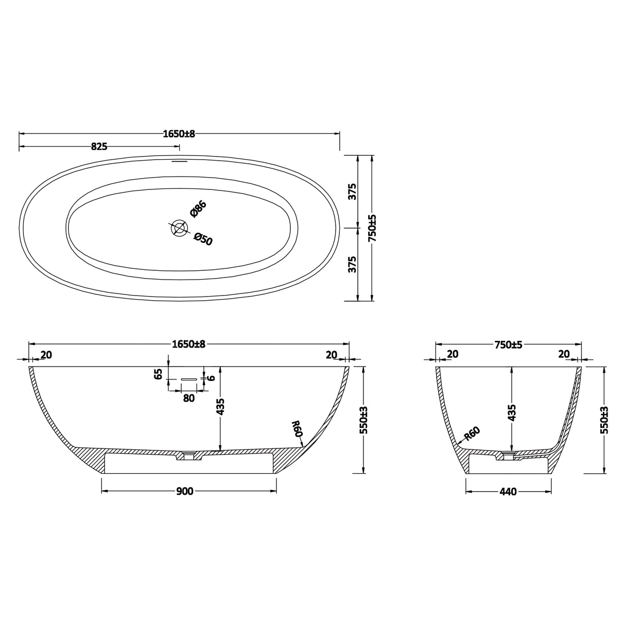 glasvilla Freistehende Badewanne Weiß matt Mineralguss Standbadewanne inkl. Nano-Versiegelung