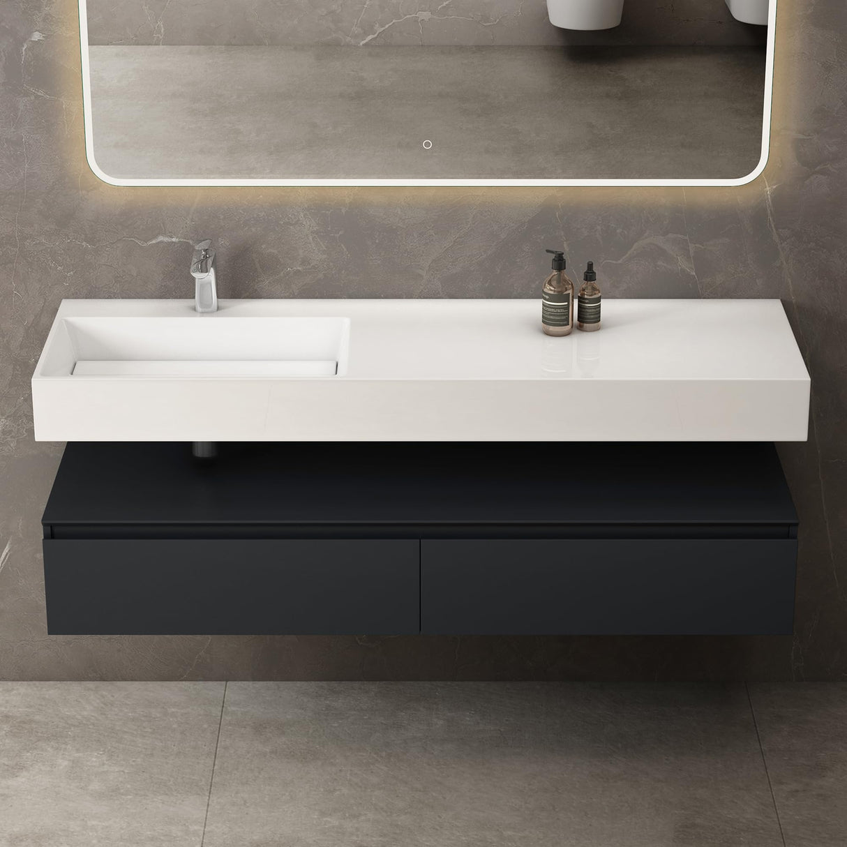 conjunto de muebles de baño glasvilla lavabo con mueble inferior 150x48x25cm con cajones de cierre suave incl. lavabo de mineral fundido UP