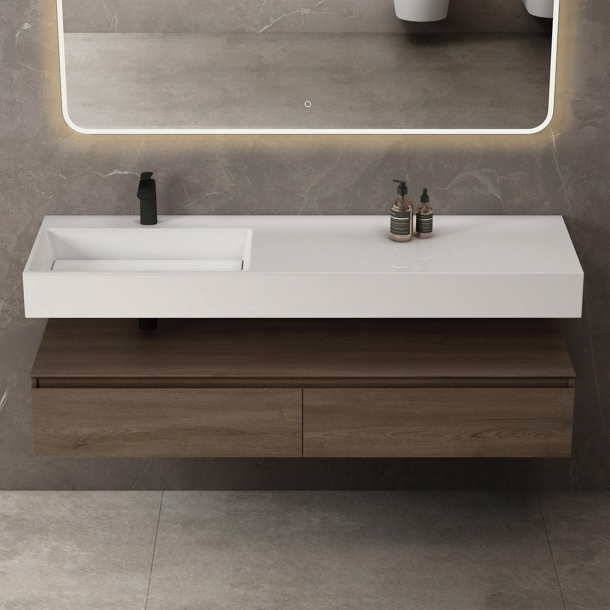 conjunto de muebles de baño glasvilla lavabo con mueble inferior 150x48x25cm con cajones de cierre suave incl. lavabo de mineral fundido UP
