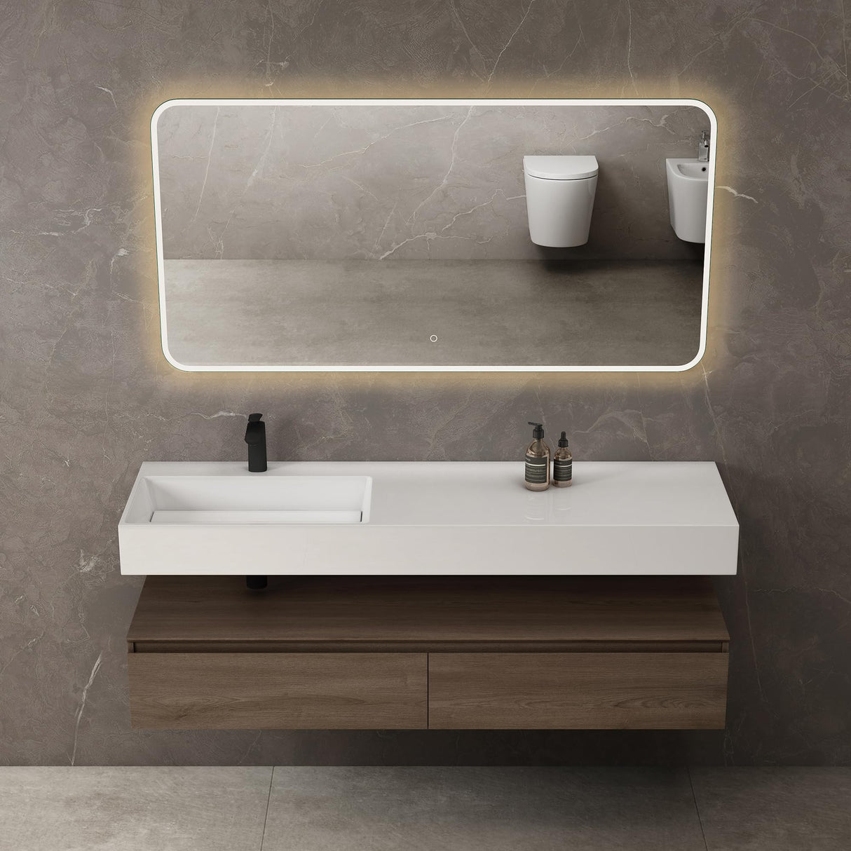 conjunto de muebles de baño glasvilla lavabo con mueble inferior 150x48x25cm con cajones de cierre suave incl. lavabo de mineral fundido UP