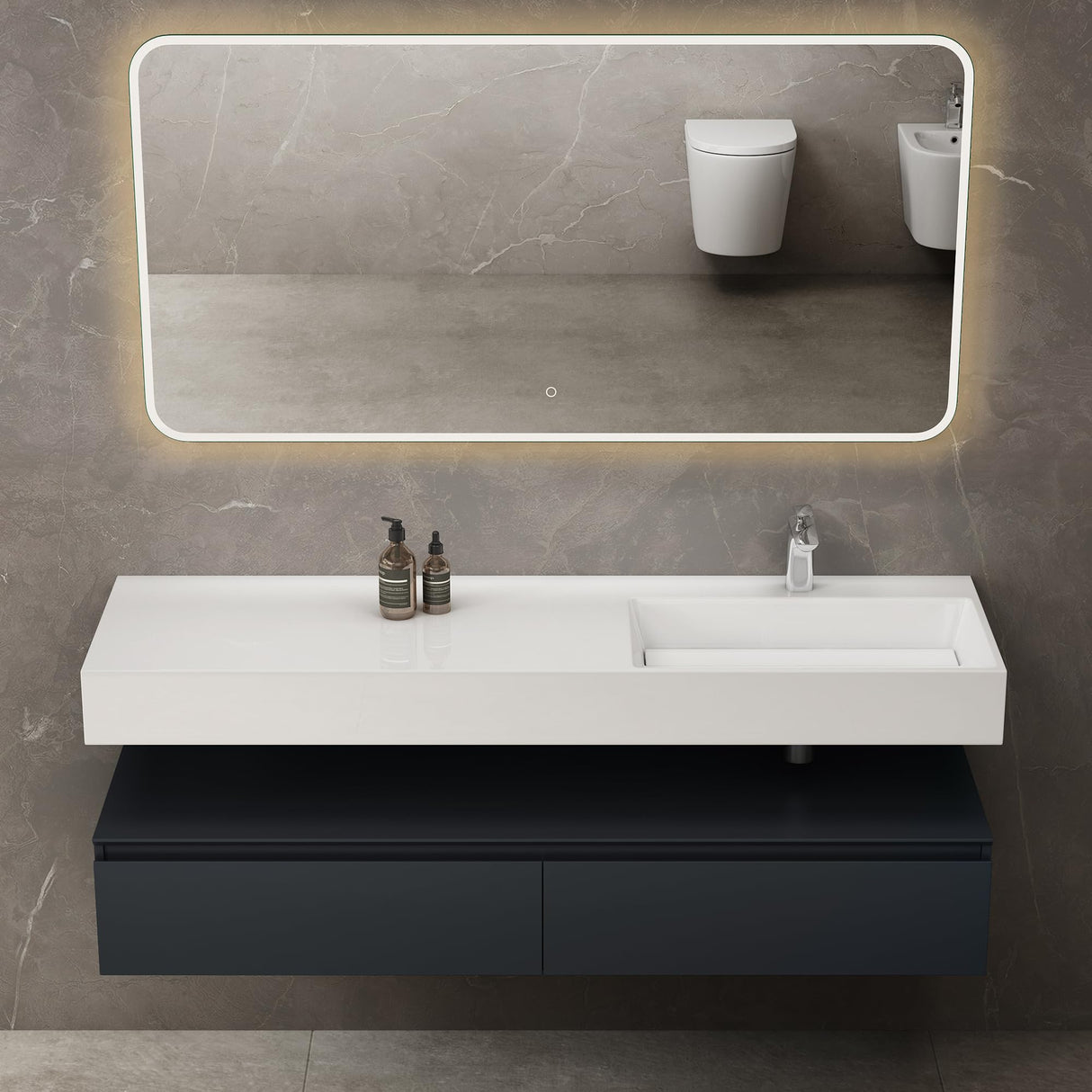 conjunto de muebles de baño glasvilla lavabo con mueble inferior 150x48x25cm con cajones de cierre suave incl. lavabo de mineral fundido UP