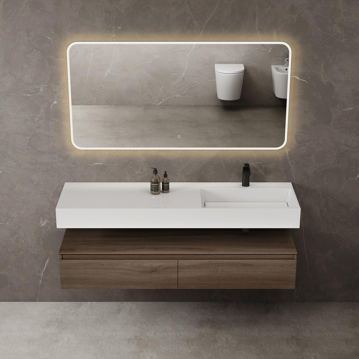 conjunto de muebles de baño glasvilla lavabo con mueble inferior 150x48x25cm con cajones de cierre suave incl. lavabo de mineral fundido UP