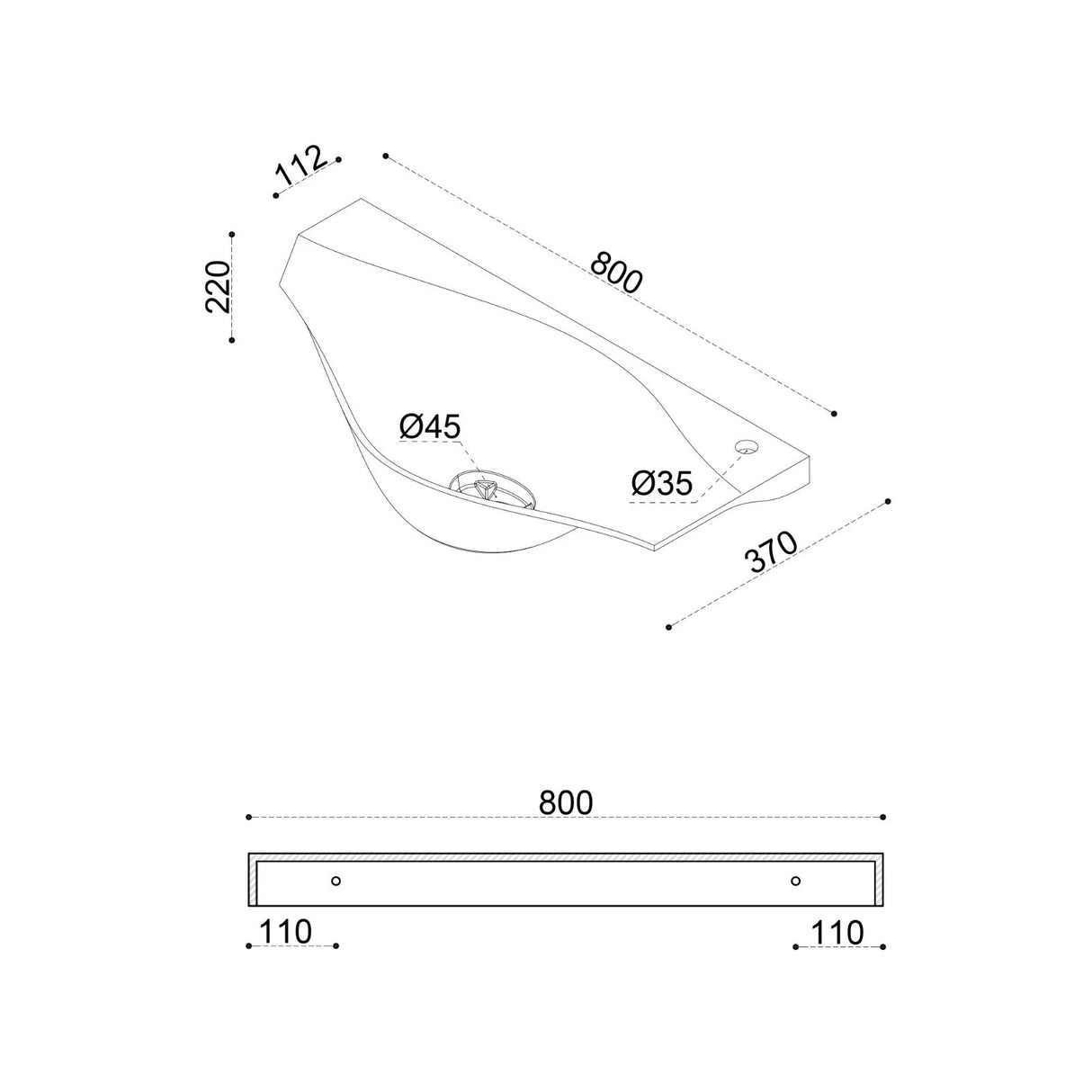 lavabo de diseño glasvilla lavabo suspendido BTH: 80x37x22cm en blanco mate de mineral fundido con tapa de desagüe cuenco de lavabo Col816
