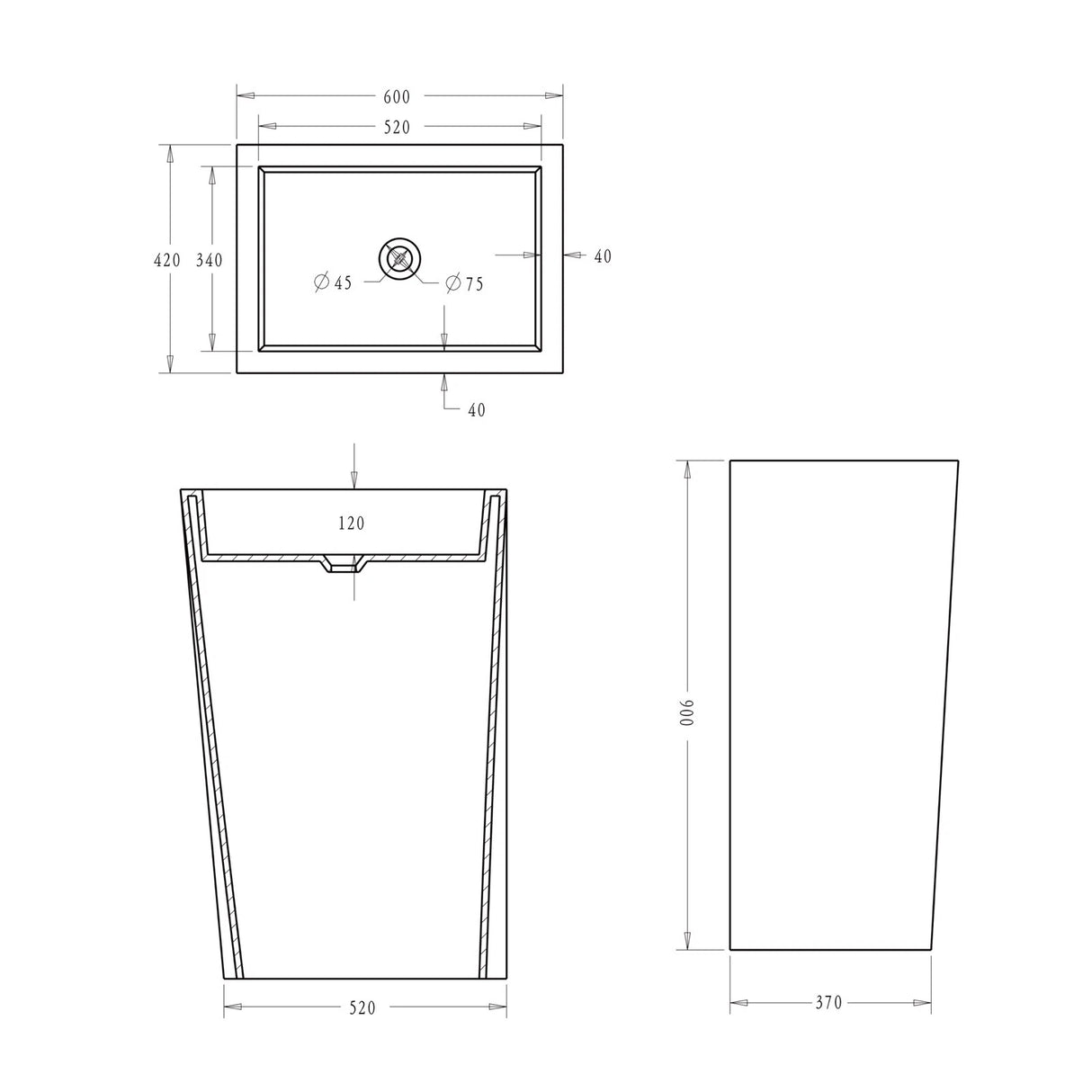 lavabo de diseño glasvilla freestanding Col38 blanco, de mineral, lavabo, BTH: 60x42x90cm
