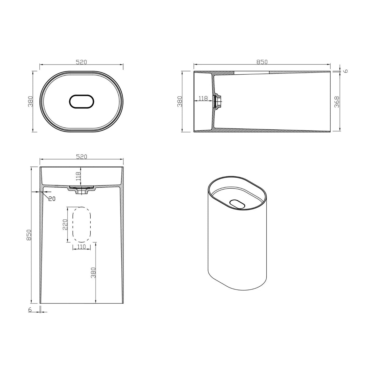 Vasque sur pied Glasvilla Design Col45 blanche, en résine minérale moulée, meuble sous-vasque, L x P x H : 52 x 38 x 85 cm