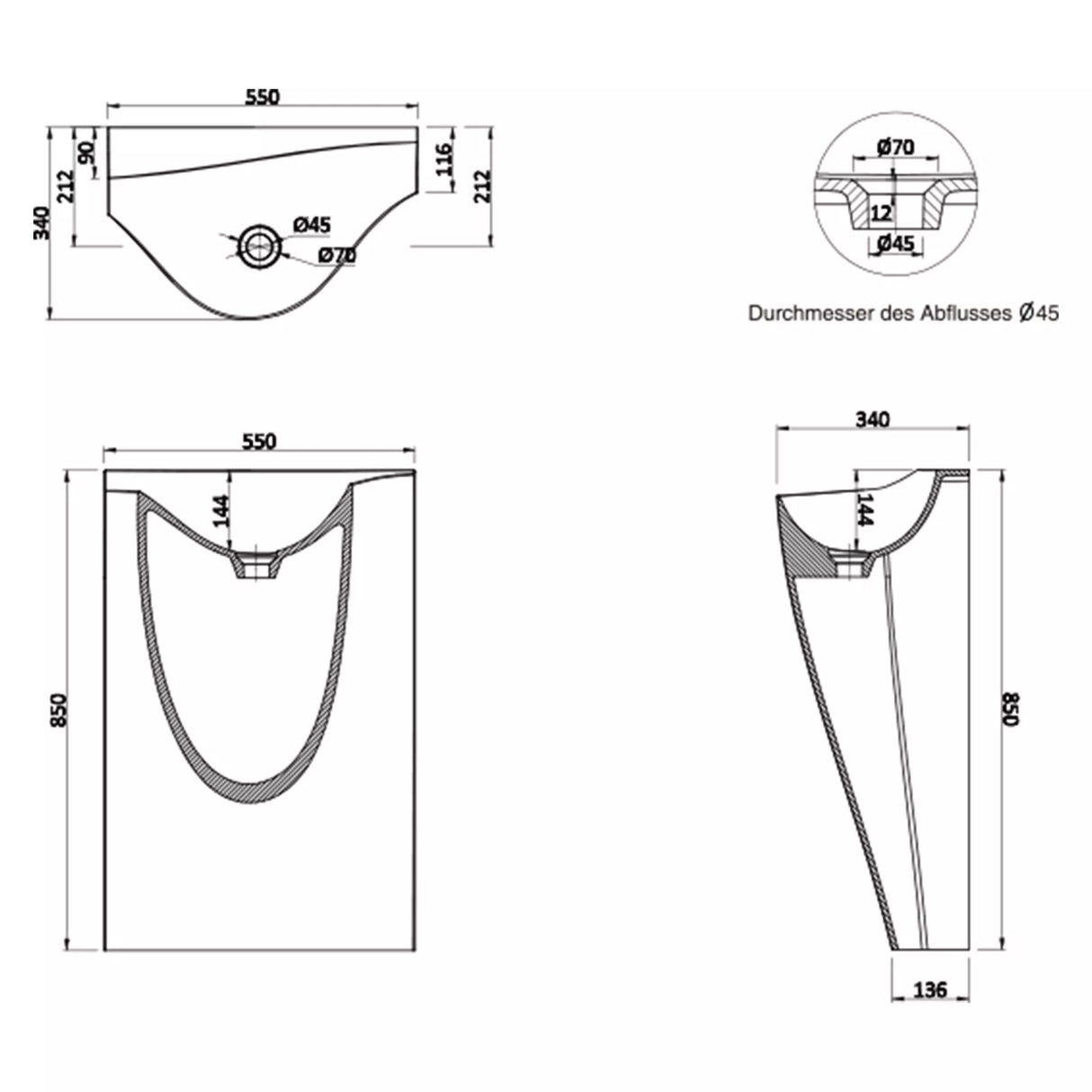 lavabo de diseño glasvilla freestanding Col37 blanco, de mineral, lavabo, BTH: 55x34x85cm