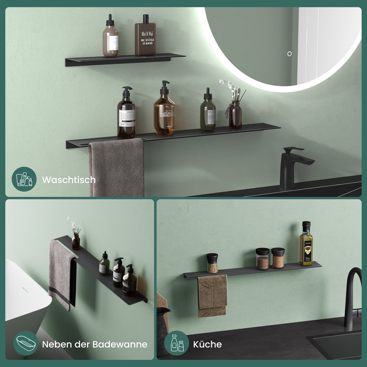 glasvilla Duschablage zum Bohren oder Kleben Duschregal Badablage aus Aluminium Badezimmerablage zur Wandmontage Badezimmer Organizer Reglo-06