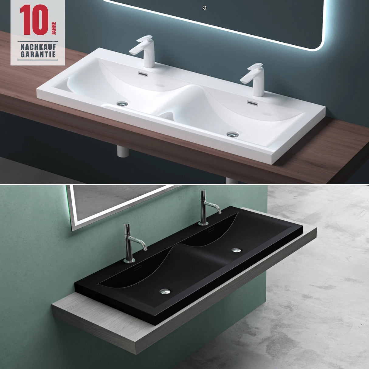 glasvilla lavabo de encastre lavabo 2 tinas mineral de resina rectangular 2 orificios para grifos función de desbordamiento Col03
