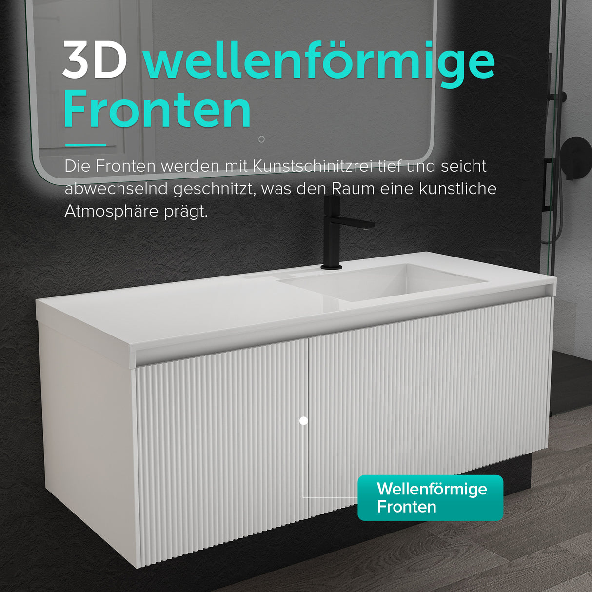 Set de muebles de baño glasvilla Design con lavabo y mueble bajo lavabo de 120 cm con cajones Softclose, incluye lavabo de mineralguss Santa