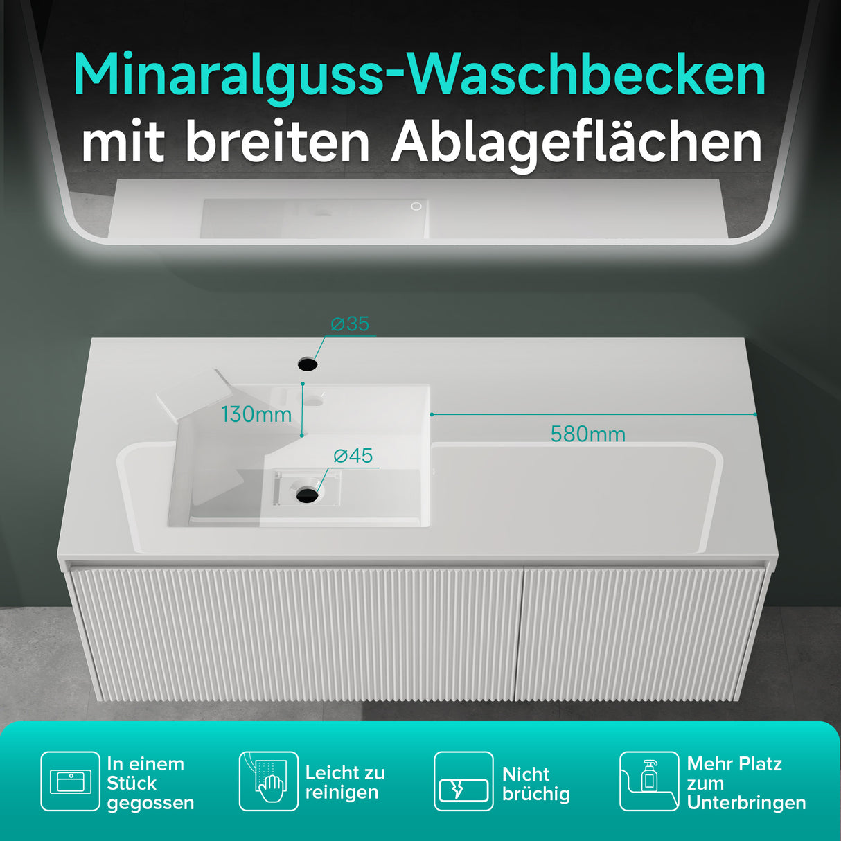 Set de muebles de baño glasvilla Design con lavabo y mueble bajo lavabo de 120 cm con cajones Softclose, incluye lavabo de mineralguss Santa