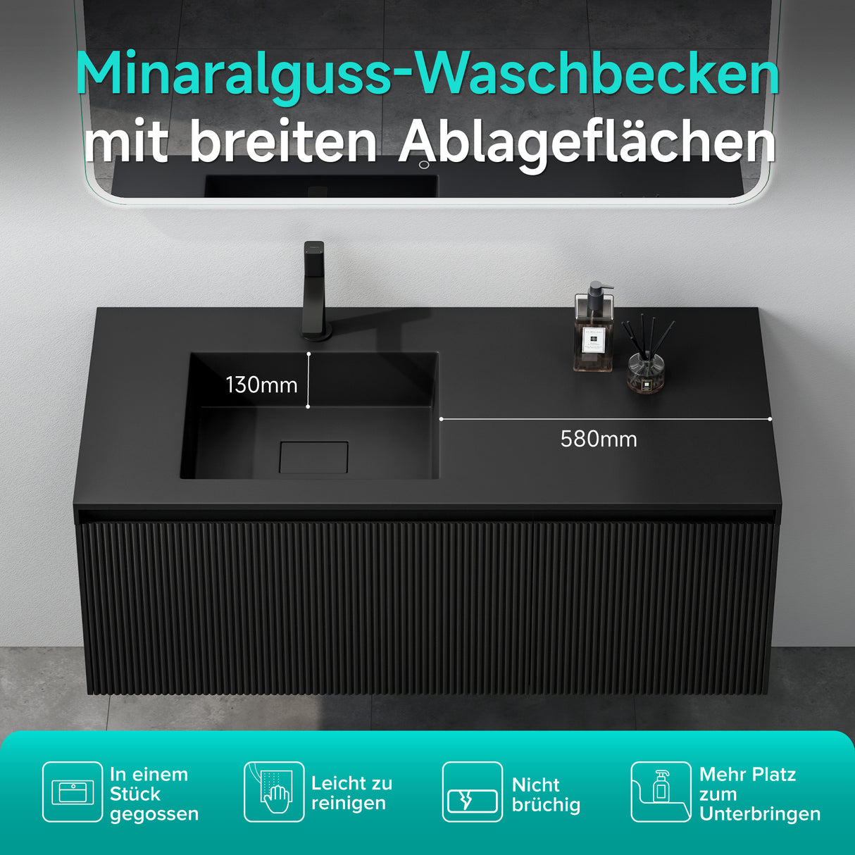 Set de muebles de baño glasvilla Design con lavabo y mueble bajo lavabo de 120 cm con cajones Softclose, incluye lavabo de mineralguss Santa