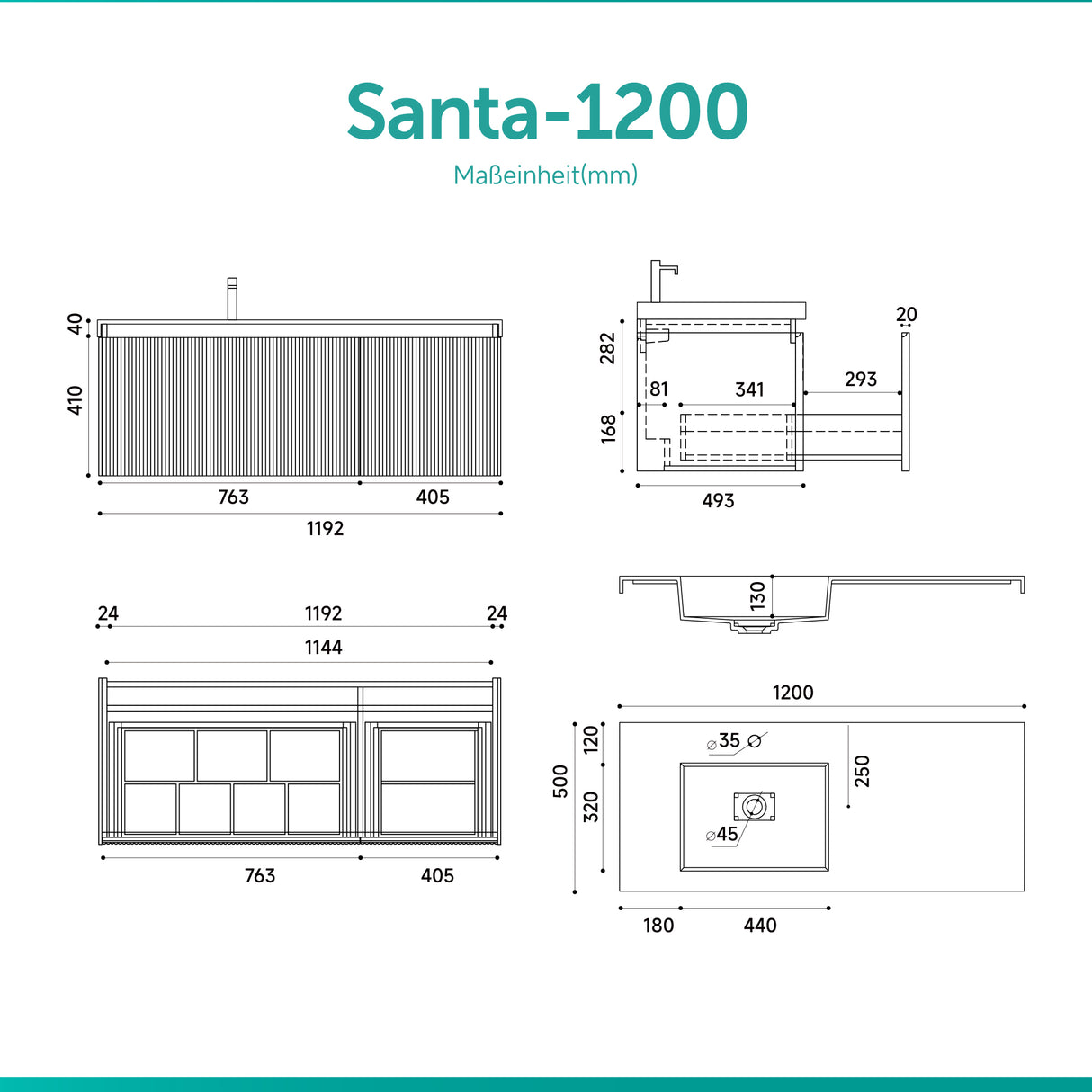 Set de muebles de baño glasvilla Design con lavabo y mueble bajo lavabo de 120 cm con cajones Softclose, incluye lavabo de mineralguss Santa