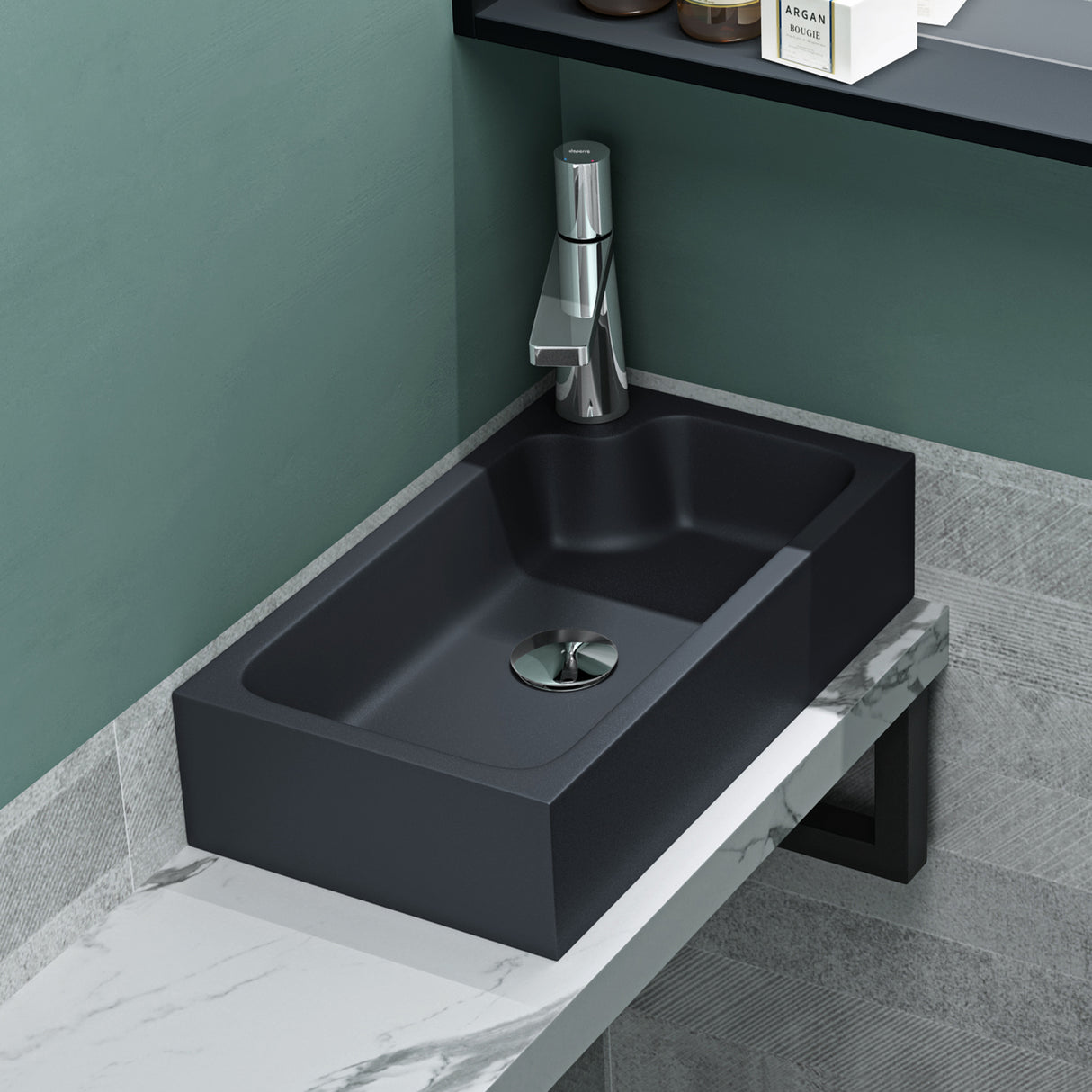 glasvilla Waschbecken Gäste WC Aufsatzwaschbecken mit Hahnloch 46x26x11cm Mineralguss Eckig Klein Waschschale Waschplatz Colossum101