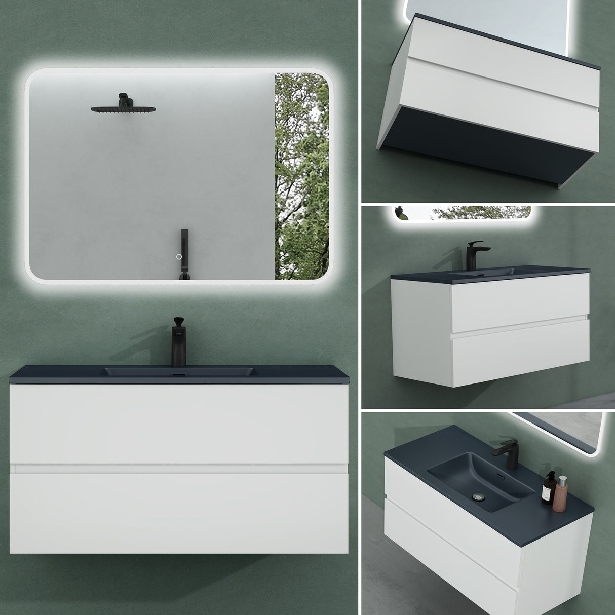 glasvilla Mobile Bagno Sospeso con Lavabo da Marmo Fuso  Antracite Mobile da Bagno con 2 Cassetti a Chiusura Soft-close Aqualis