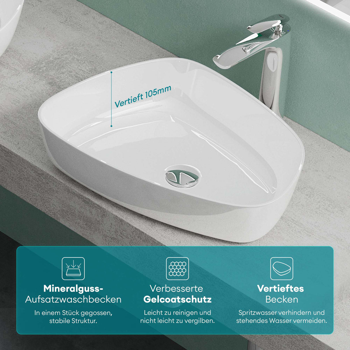 glasvilla Lavabo da Appoggio da Marmo Fuso 51.1x38.7x12cm Lavandino Bagno Rettangolare Col826